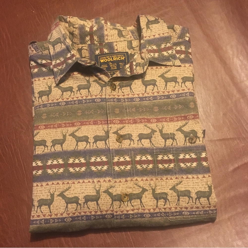 Vtg Woolrich Deer Print Button Up Shirt Tan XL